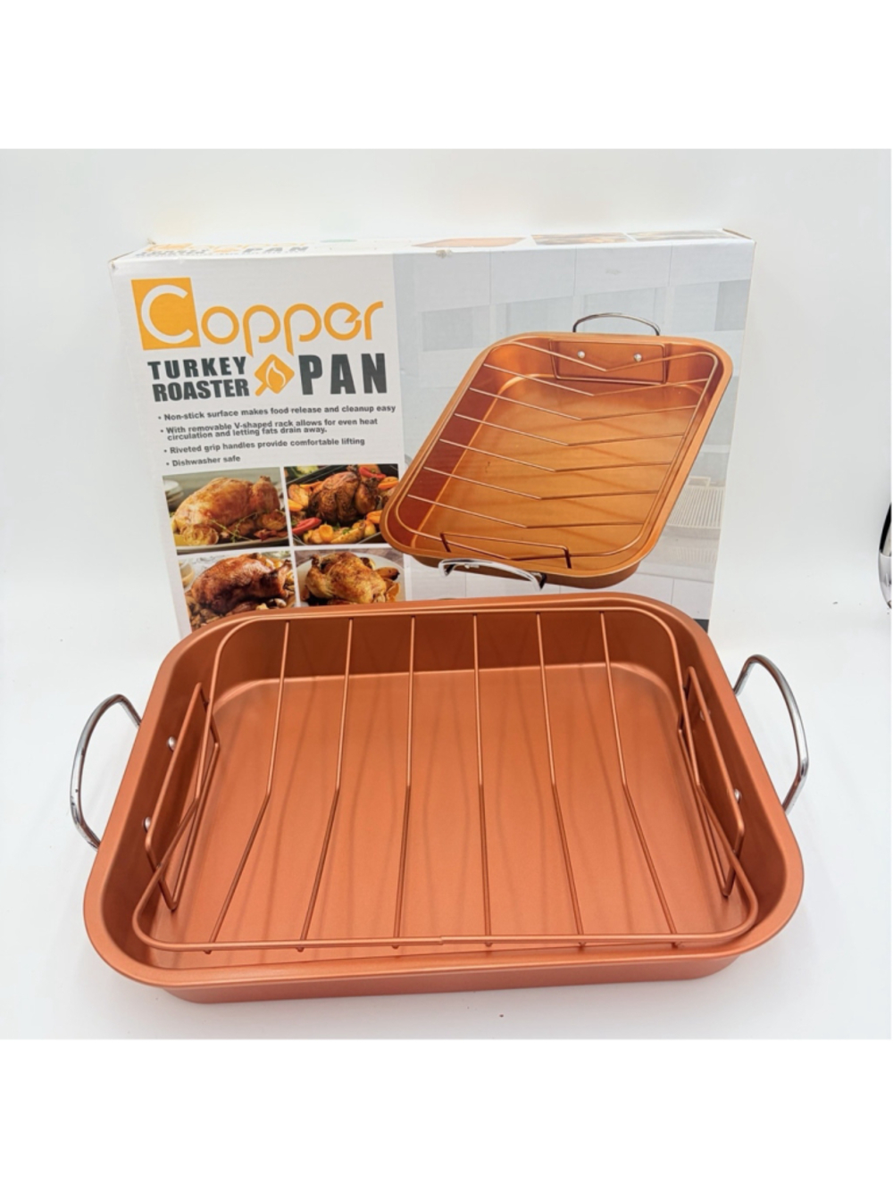 New Non-Stick Copper Ceramic Turkey Roaster Pan W/ Removable Rack